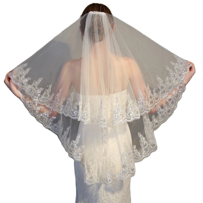 Wholesale Short Double Height Sequin Puffy Bridal Veil Fluffy Wedding Tiara Veil