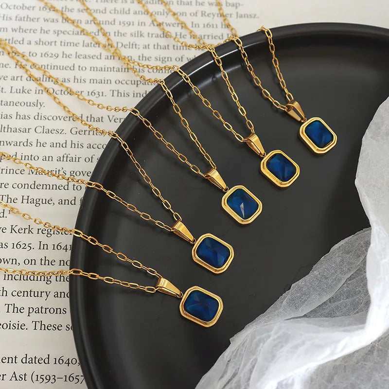 INS Style Simple Niche Design Blue Crystal Box Pendant Clavicle Chain Waterproof Stainless Steel Necklace Women Jewelry