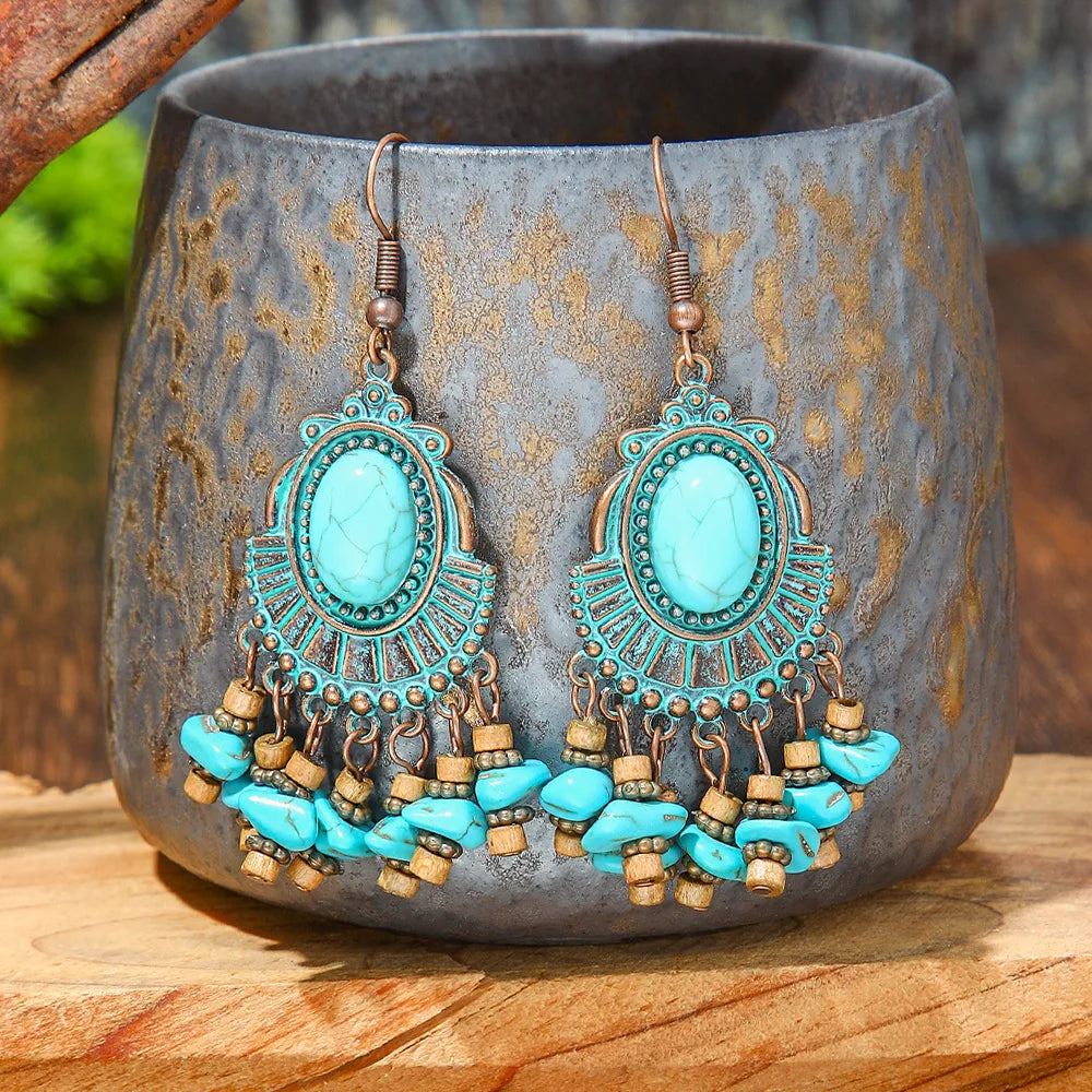 Wholesale Affordable Vintage Bohemian Style Turquoise Color Hoop Pendant Fishhook Earrings for Women Ear Jewelry Accessories