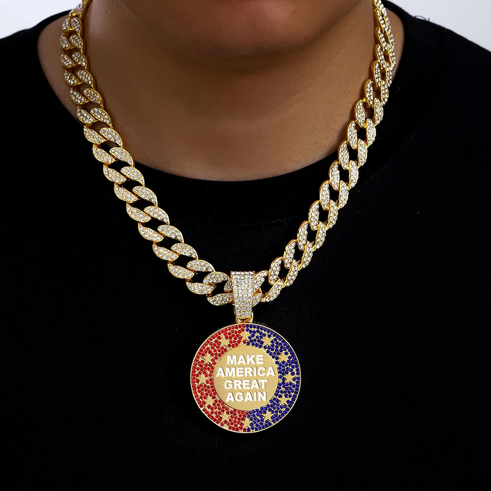 Fashion Iced Out Miami Link Chain with Alloy MAKE AMERICA GREAT AGAIN Round Pendant Necklace