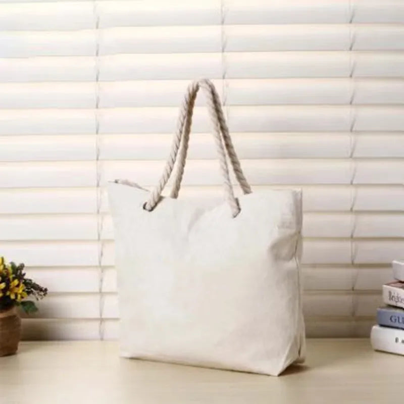 Custom White Rope Handle Canvas Beach Bag Cotton Canvas Sublimation Gift Shopping Bag
