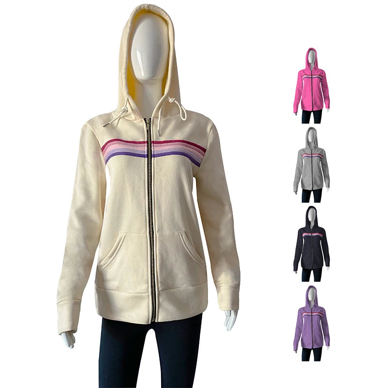Ladies' Winter Sport-Style Hooded Sweater XS Rainbow Striped High Waist Embroidered Knitted Polyester Cotton Full Zipper Logo