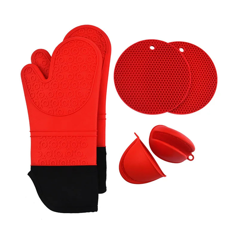 Kitchen Mitten Heat Insulation Rubber Silicone Gloves Non Slip Resistant Microwave Cooking Baking Pot Holders Oven Mitts Set