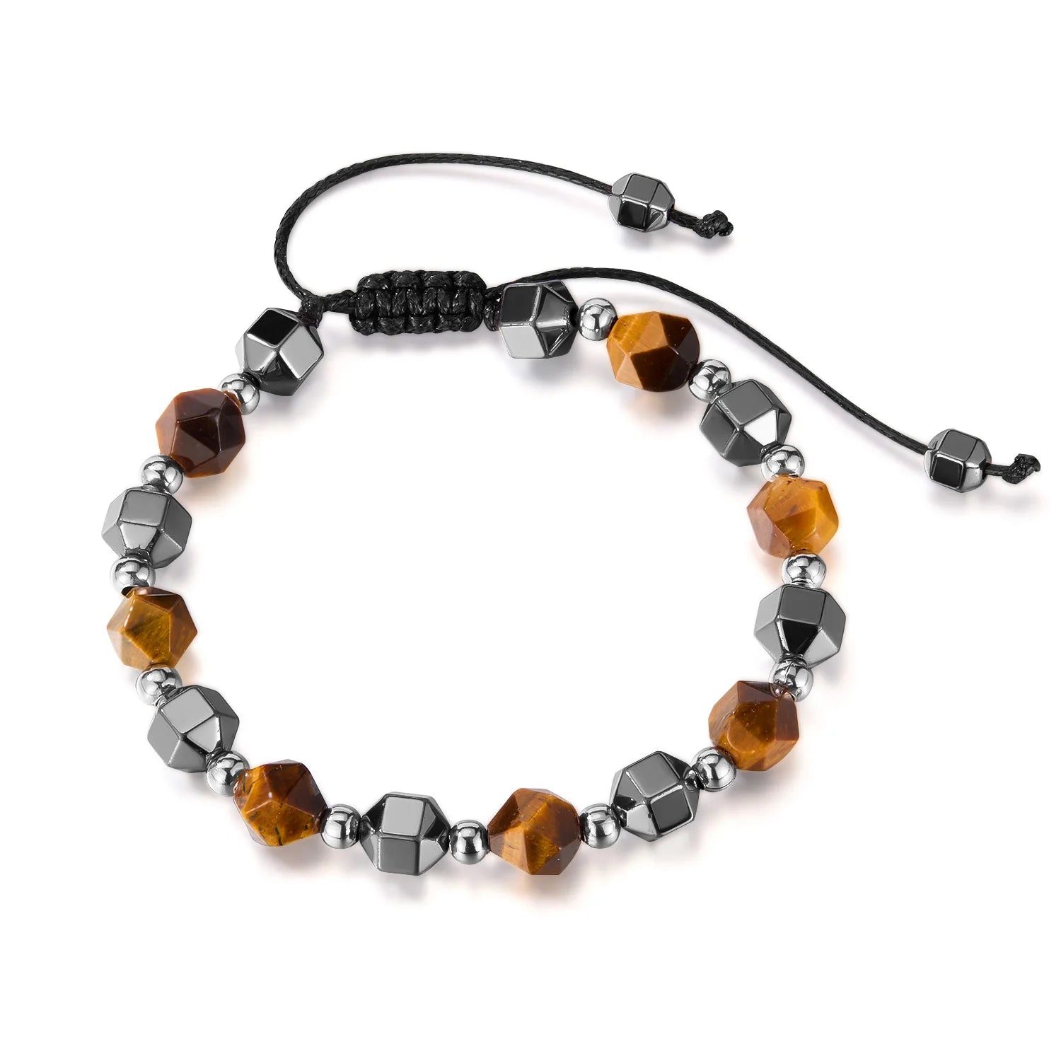 Trendy Handwoven Natural Stone Faceted Bracelet 8mm Irregular Tiger Eye Stone Mixture Rhombus Hematite Braided Bracelet Men Gift