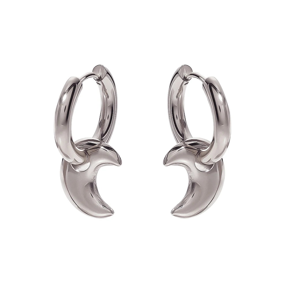 2023 New Arrival Stainless Steel Silver Solid Moon Pendant Circle Hoop Earrings for Women Huggie Earrings