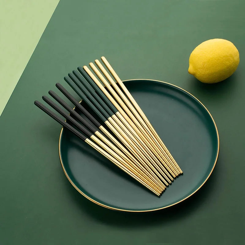 Round Wholesale Gold Black Alloy Reusable Korean Custom logo Stainless Steel 304 Chopsticks Set for Sale Gift Box