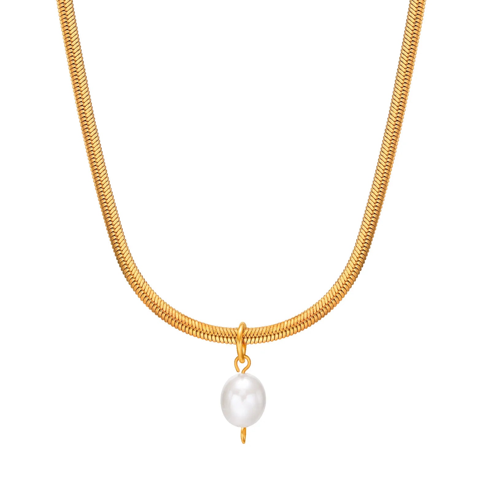 High Grade 18K Gold Plated Anti Tarnish Pearl Pendant Snake Chain Stainless Steel Necklace for Lady