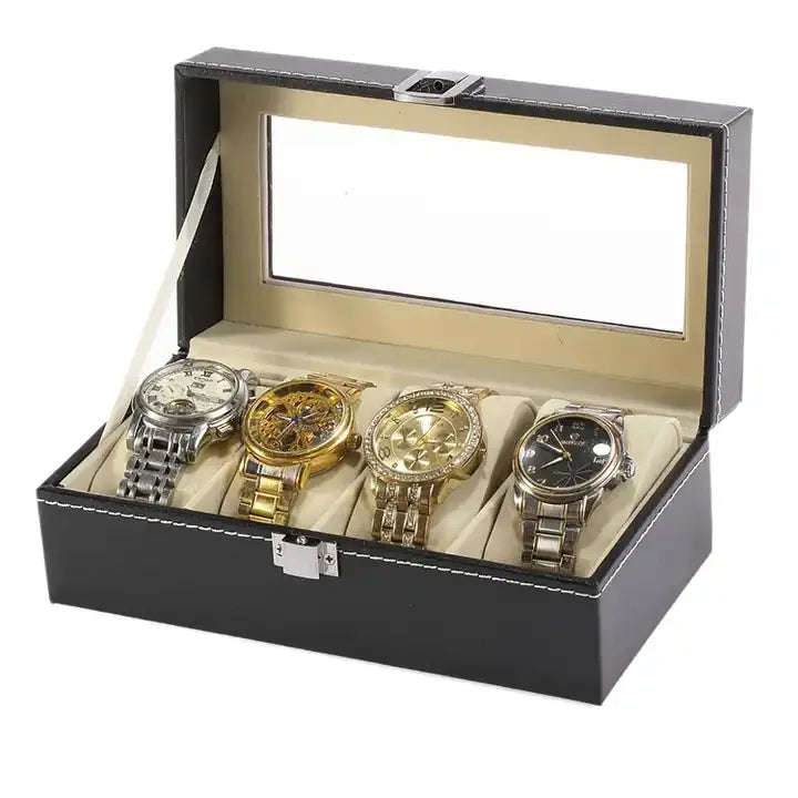 4 Slot Storage Display Case Glass Top Wrist Pill Black Pu Packaging Men Leather Watch Storage Box