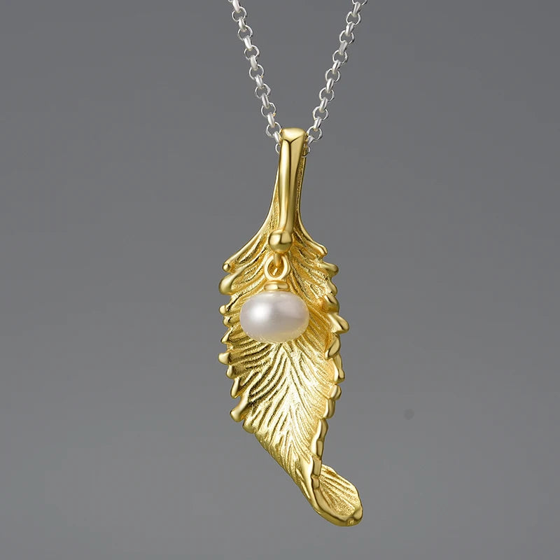 Lotus Fun Fashion Jewelry Natural Pearl Long Leaf Pendants Handmade Designer for Ladies Real 925 Sterling Silver Gold Plated