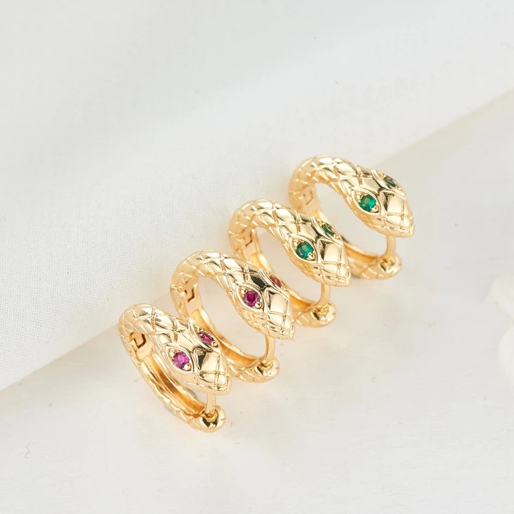 Brass 14K Gold Plated Green and Red Zircon Hoop Earrings Fashion Snake Pattern Jewelry Huggie Earring Supplier