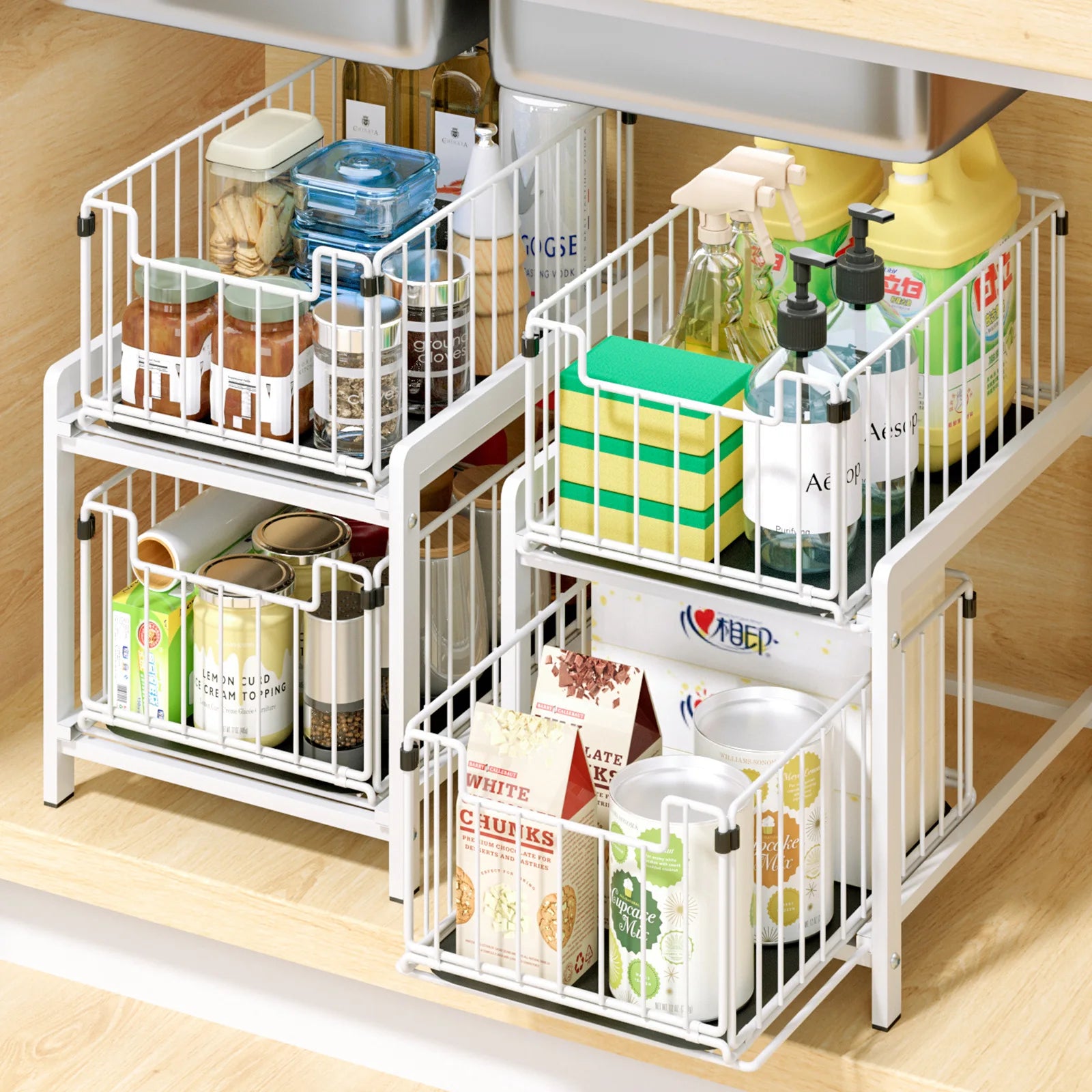 OWNSWING 2 Tier Slide Box Steel Under Sink Storage Rack Kitchens Storage Organizer Under Sink Organizers