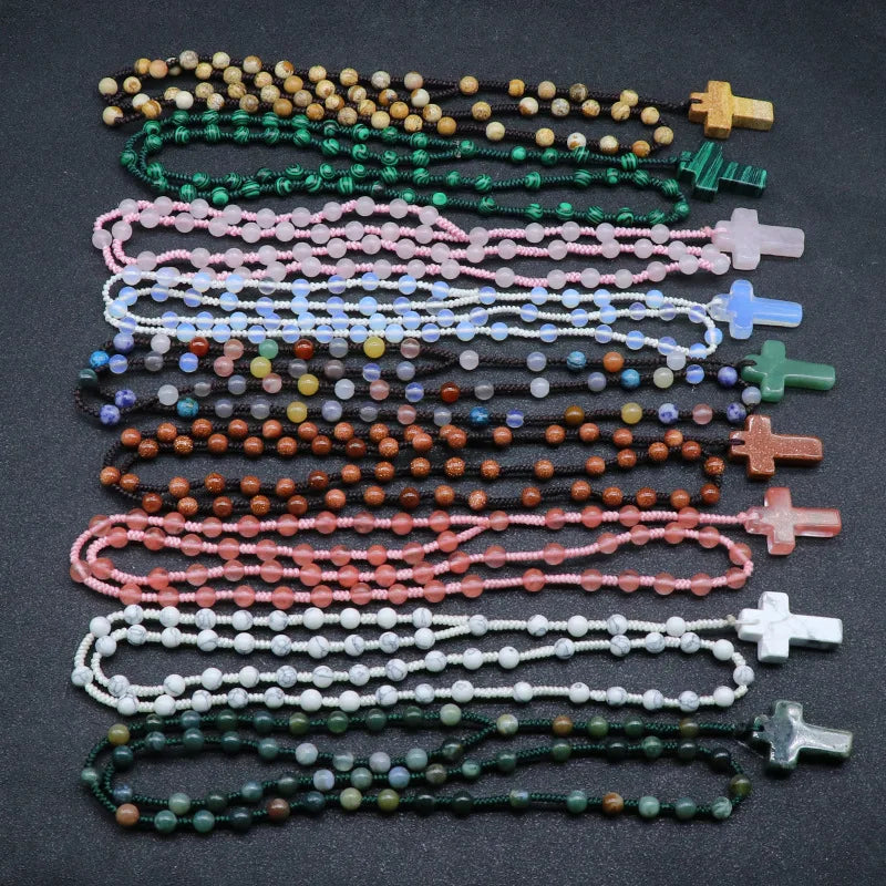 Rosary Beads Religious Supplies Crystal Agate Semi-precious Stone Agate Cross Rosary Christian Necklace