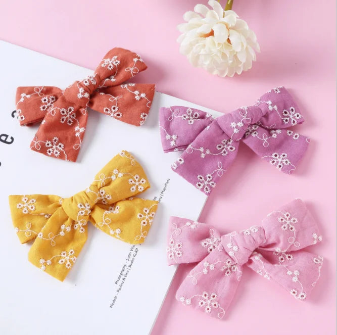 Baby Bows Hair Pins Floral Girls Embroidery Hairclip Cotton Linen Barrette for Children Spring Hair Accessories Kids Hairgrips