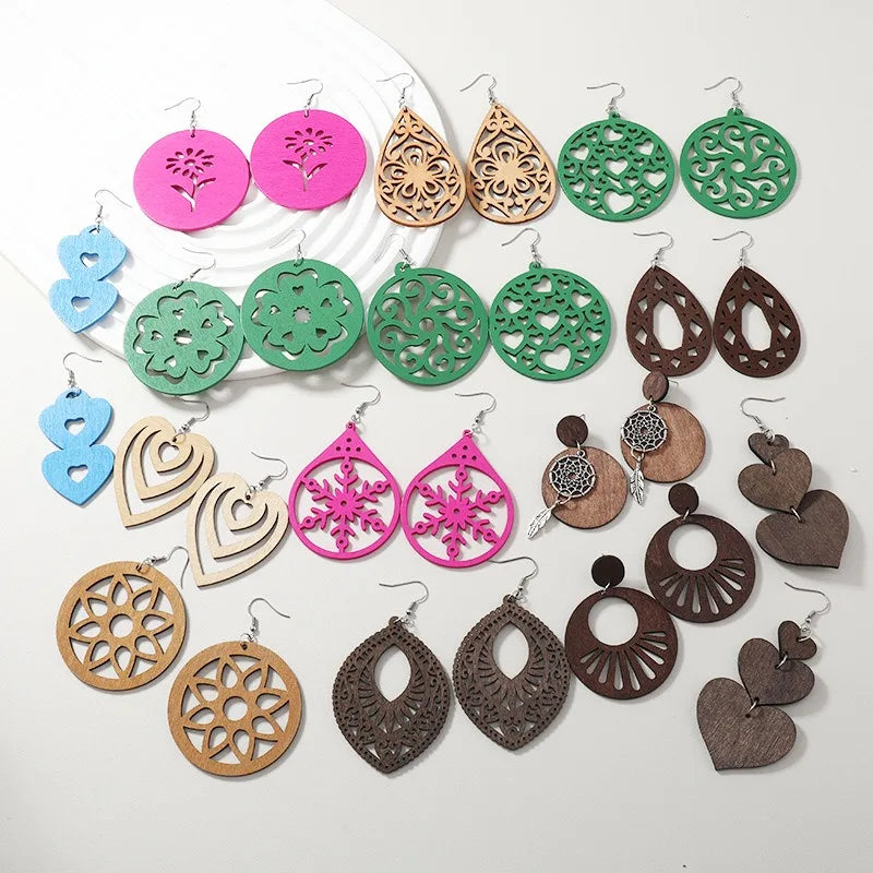 Colorful Handmade Lightweight Hollow Wooden Earring for Women Bohemian Wooden Geometric Dangle Earrings Vintage Ethnic Earring