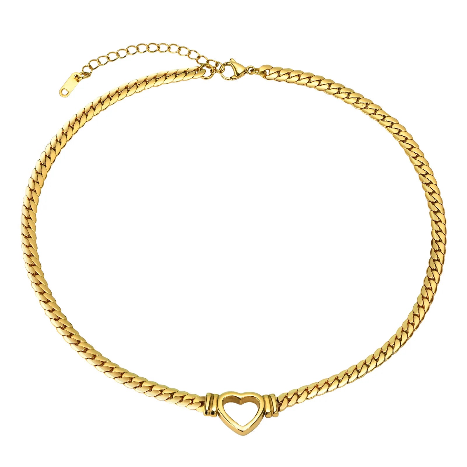 Vintage 18K Gold Plated Link Chain Necklace with Stainless Steel Hollow Heart Pendant for Anniversary Gifts for Women
