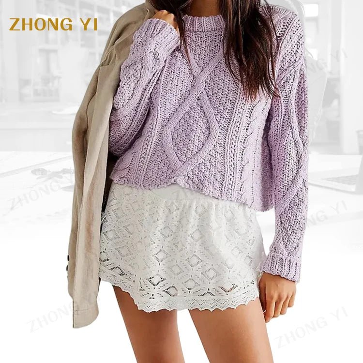 Clothing Factory Wholesale Custom Women Autumn Winter Crew-neck Ribbed Knit Jumper Sweater Loose Casual Long Sleeve Pullovers