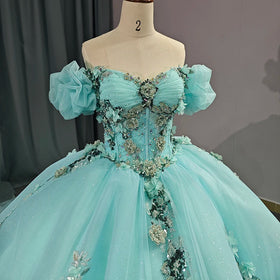 Quinceanera Dresses Off the Shoulder Ball Gown Floral Appliques Lace Bow Back Corset for Sweet 15 Girls Party 6615
