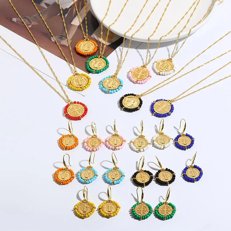 S11185 Seed Beaded Wrapped Gold Saint Benedict Medal Pendant Necklace Earring Jewelry Set Handcrafted Religious Jewelry