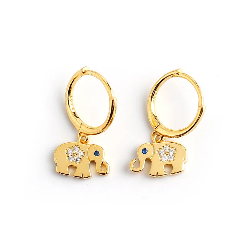 Minimal Sterling Silver Ethnic Jewelry CZ Zirconia Elephant Jewelry Tiny Elephant Charm Hoop Earrings