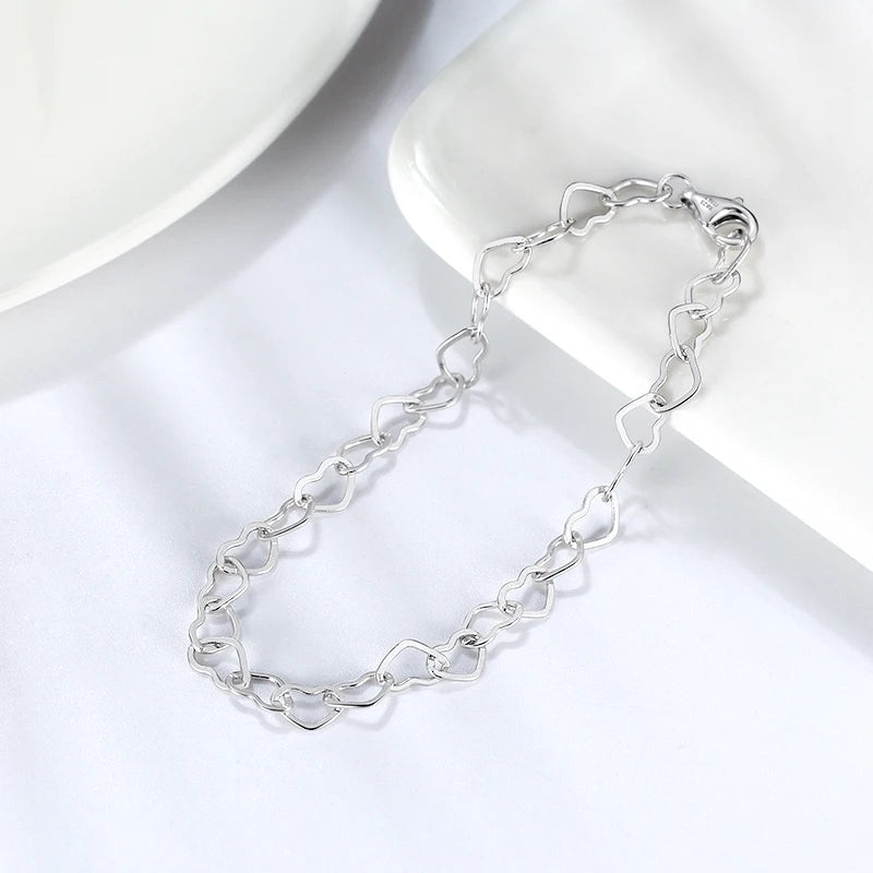 RINNTIN SB99 Wholesale Rhodium Plated 925 Sterling Silver 5mm Heart Bracelet Rolo Love Hearts Link Chain Bangles Woman