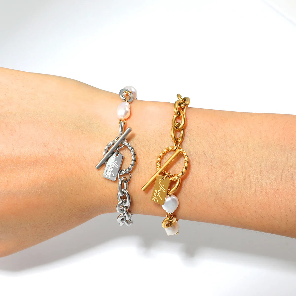 R.Gem. Handmade 18K PVD Gold Plated Stainless Steel Bracelet Irregular Real Cultured Freshwater Pearl Jewellery