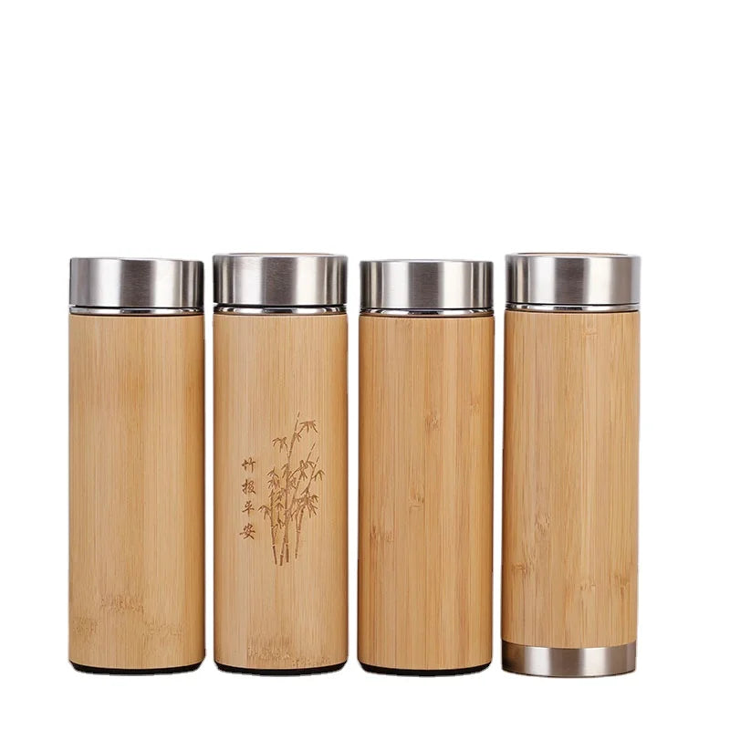 Custom Printed 100% Natural Bamboo Shell Stainless Steel Water Bottle/Vacuum Flask/Coffee Cup New Trendy for Giveaways