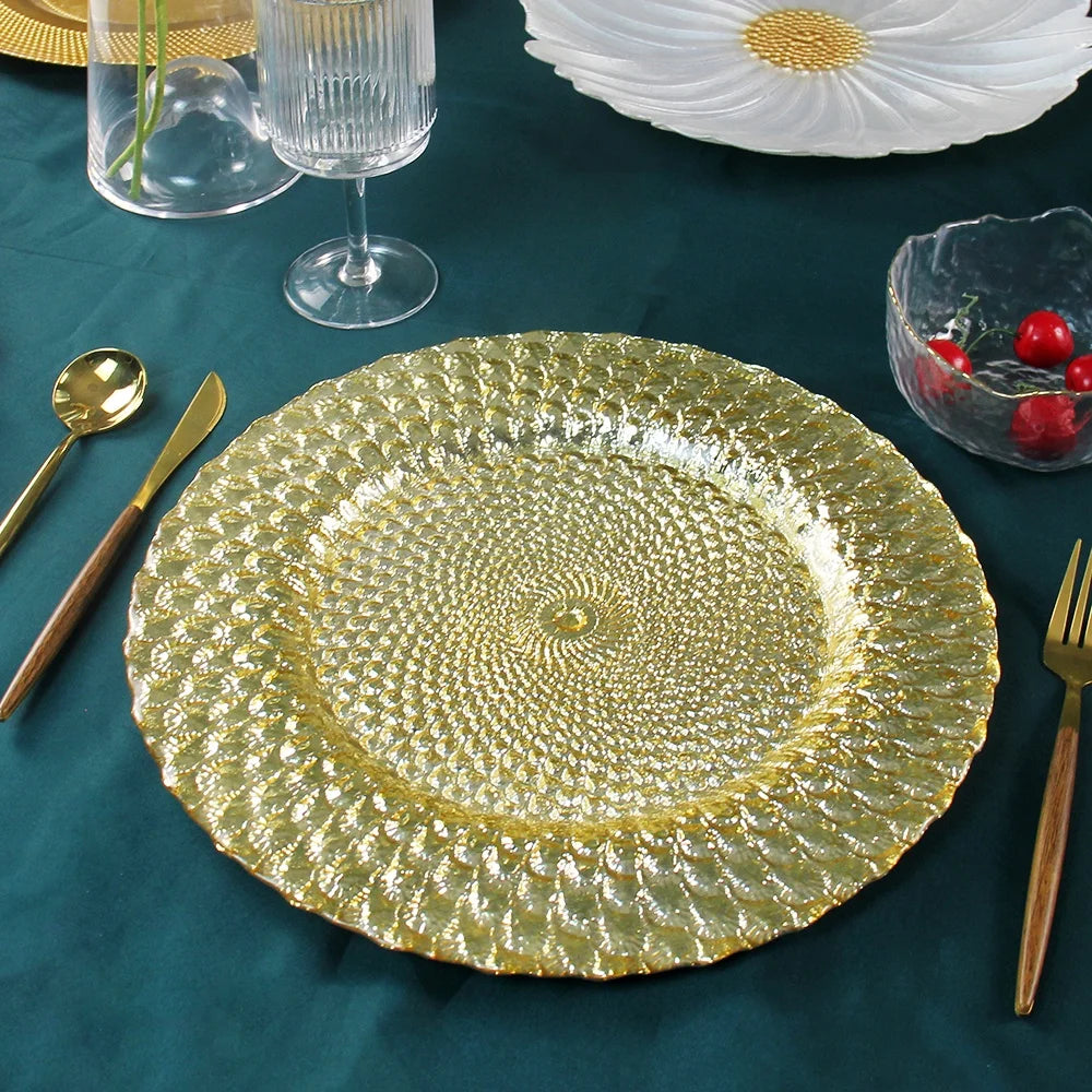 Modern Luxury Peacock Glass Underplate Eco-Friendly Wedding Banquet Table Decorative Charger Plates Wholesale