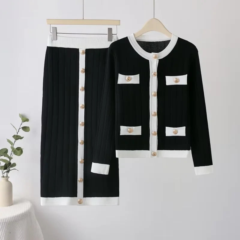 2024 Autumn Winter New Style Women's Knit Middle Skirt + Long Sleeve Knitwear Two Piece Set Knitted Cardigan Button Casual Suits