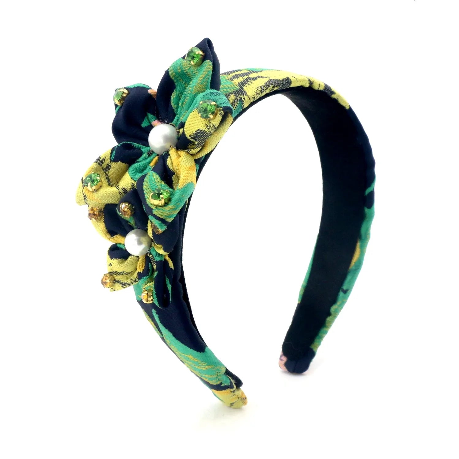 Luxury Pearl Custom Fabric Pearl Jacquard Green and Gold Crystal Headband Side Bow Flower Spring Hairband