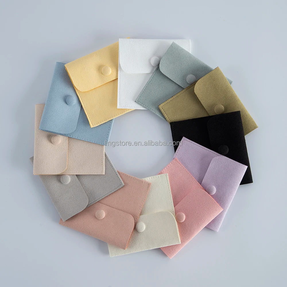 9*9cm Pink Small Microfiber Fabric Gift Storage Jewelry Pouch with Flap Button Envelope Bags