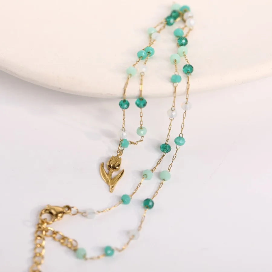 Emerald Glass Stone Vintage Green Elegant Tulip Flower Handmade Beaded Necklace 18k Gold Titanium Stainless Steel Dainty Jewelry