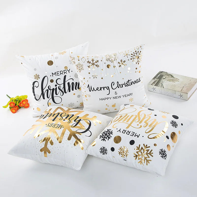 Hot Selling Nordic Gold Snowflake Velvet Cushion Cover White Polyester Pillowcase for Hotels Christmas Theme Woven Technique