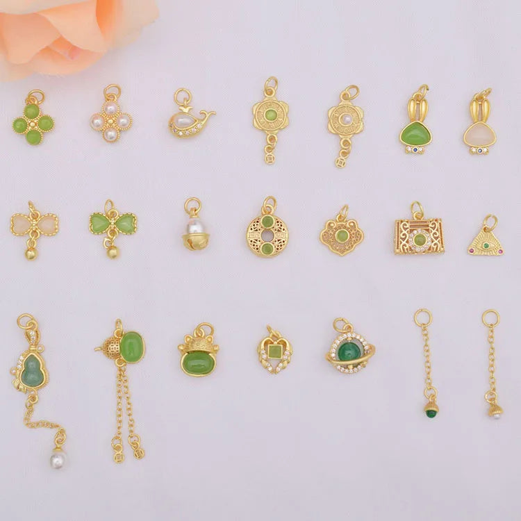 JS1688 Non Tarnish Mini Little Matte Gold Plated Brass Jade Stone Pearl Paved Cat Dolphin Flower Lucky Charms for Jewelry Making