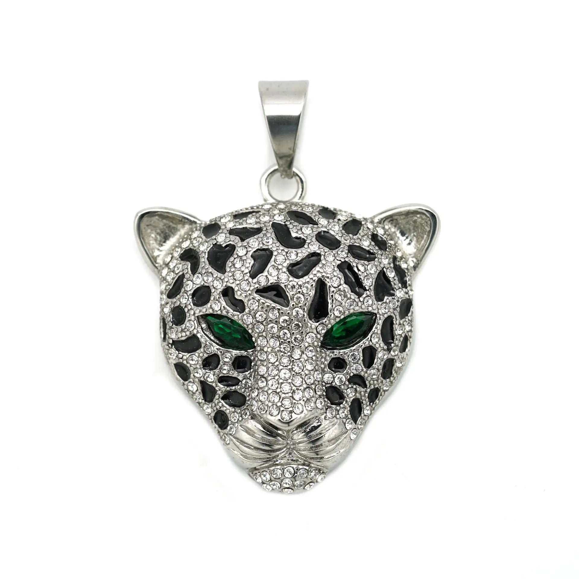 Trendy HIPHOP Punk Jewelry Stainless Steel Gold Plated Zircon Leopard Ice Out Pendant with Red Green Blue Eyes