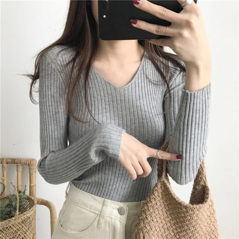 Women Autumn Winter V-neck Sweater Bodycon Long Sleeve Pullovers Lady Jumper Knitted Tops