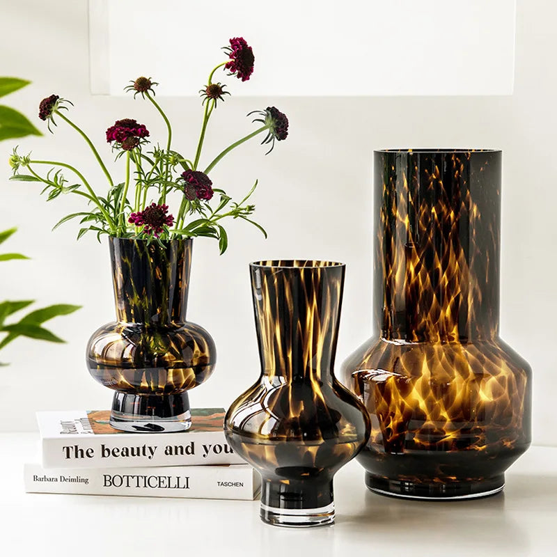 Handmade Contemporary European Large Glass Tabletop Vase Leopard Print Tortoise Shell Ornament for Wedding Flower Arrangements