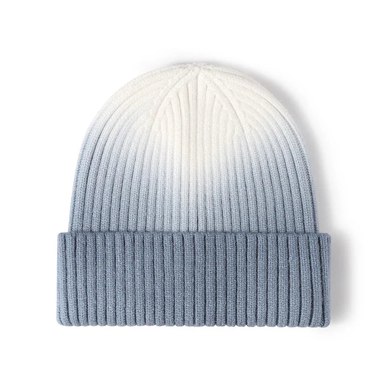 MIO Fashion Winter Thick Knitted Beanie Hat Gradient Color Soft Warm Cuffed Beanies Hat Outdoor Sport Cap for Women Unisex