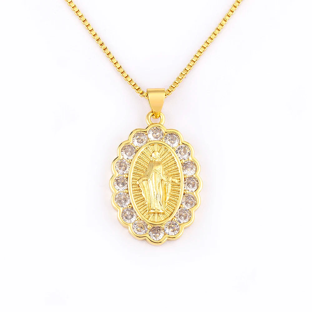 QIKU Christianity Virgin Mary Gold Color Pendant Women Necklace Copper Zircon Religious Jewelry Accessories Gift Factory Price