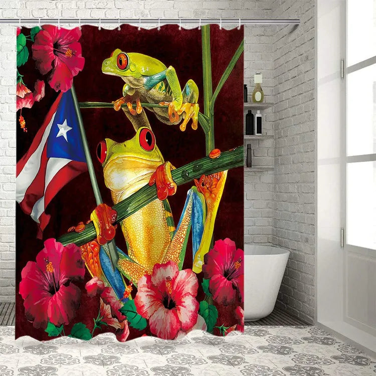 Home Funny Frogs and Spring Floral Shower Curtains Puerto Rico Flag Polyester Fabric Waterproof Bath Curtain Set With Hooks/