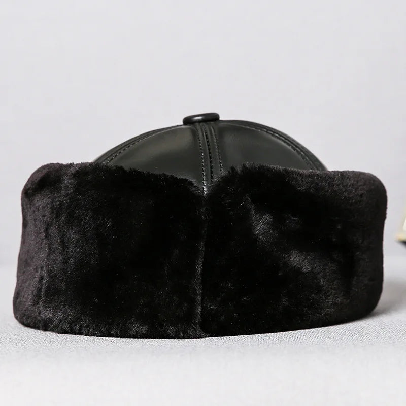 R015 Cowhide Leather Hats  Fleece Inside Warm Leather Caps  Winter Baker Boy Hat Ear Protective