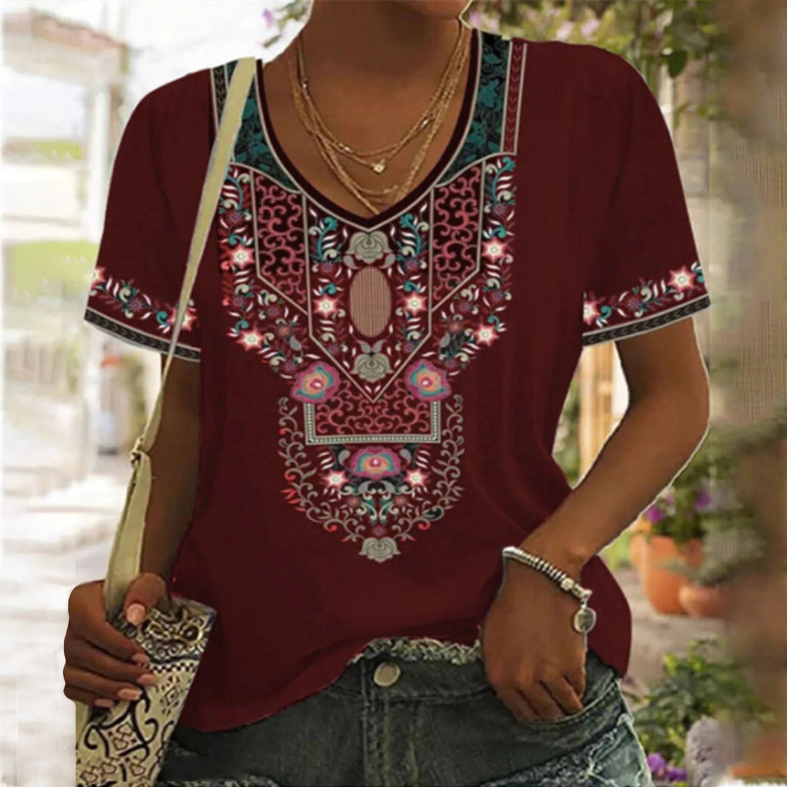 Women's Vintage Bohemian Blouses Wholesale Short Sleeve T-Shirt 3D Flower Printed V Neck Summer Boho Style Western Style