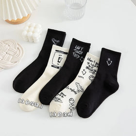 Versatile Trendy Student Mid-calf Cotton Socks Black White Autumn Winter Women's Embroidered Comic Pattern Dinosaur Long Socks