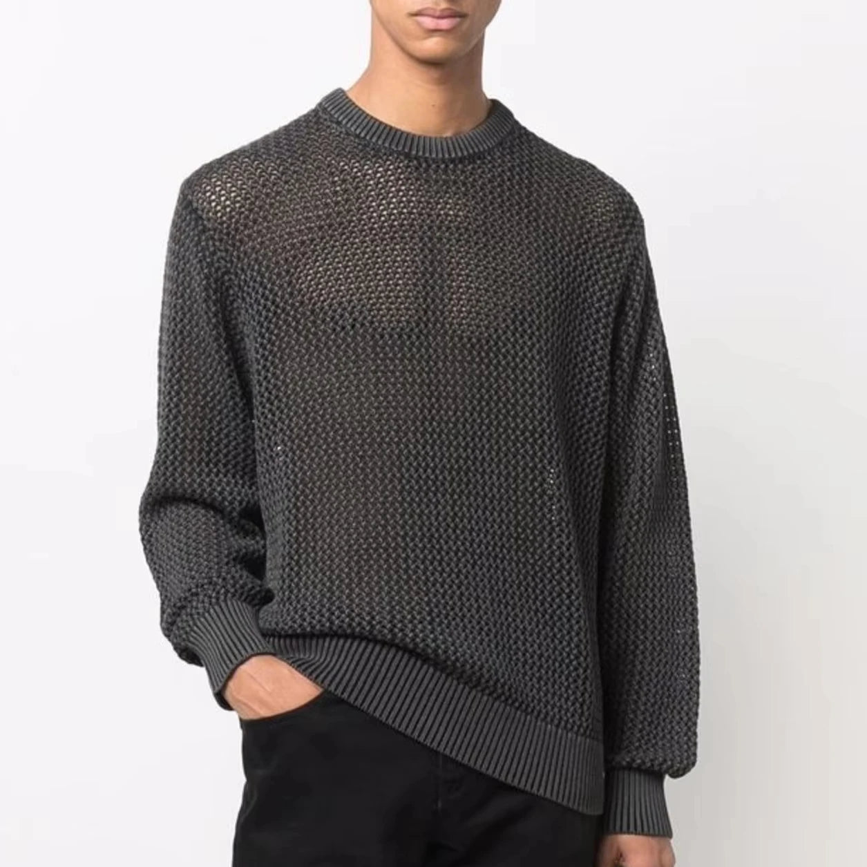 Custom Design logo  Mesh Knit Pullover Top Hollow Out Crew Neck  Knitwear  Long Sleeve Crochet Shirt Men Knitted Sweater