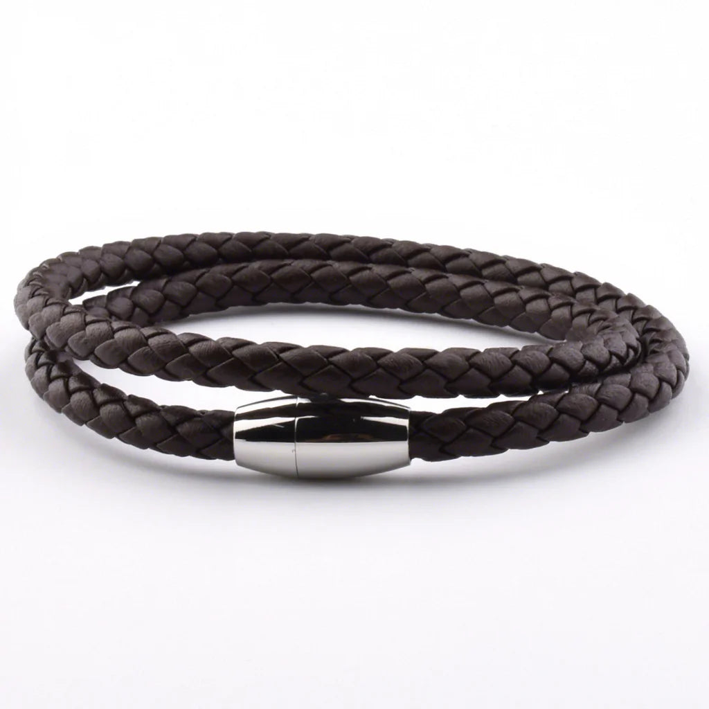 In Stock Casual Stylish Jewelry Stainless Steel Magnetic Olive Clasp Mens Brown Leather Bracelet