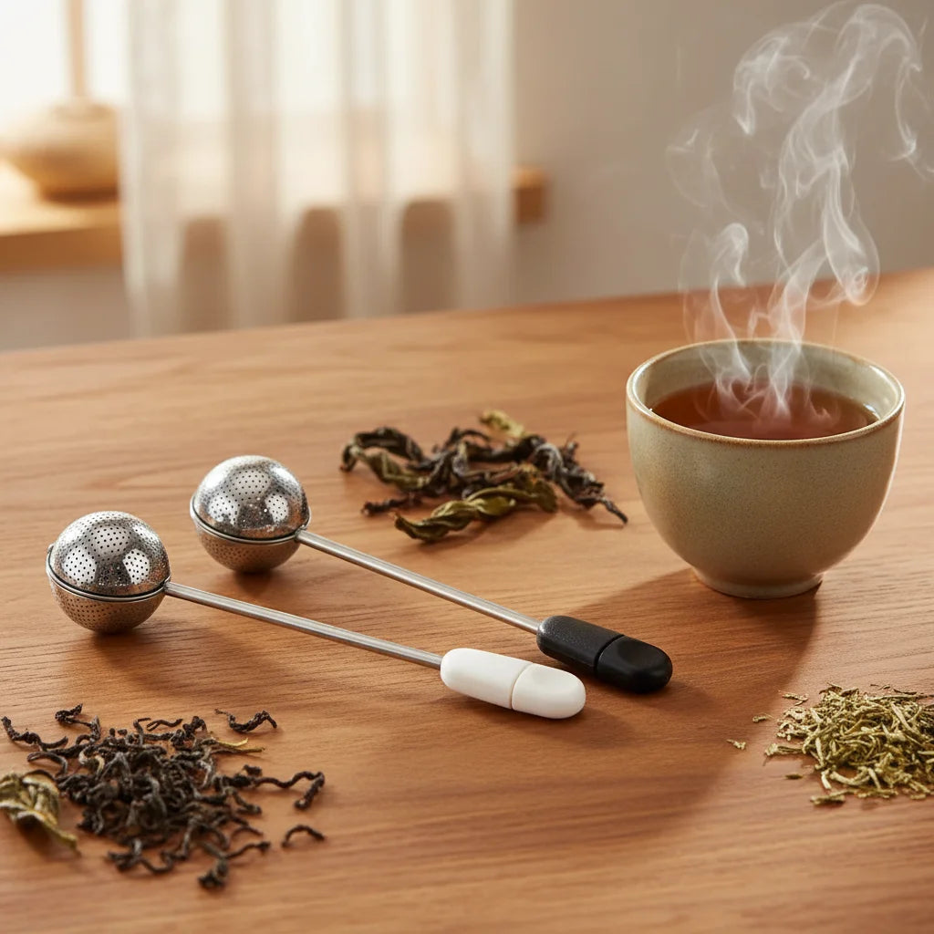 Black Silver Stainless Steel Tea Ball Infuser with Long Handle Novelty Design Loose Leaf Tea Filter for Cup Mug Teapot