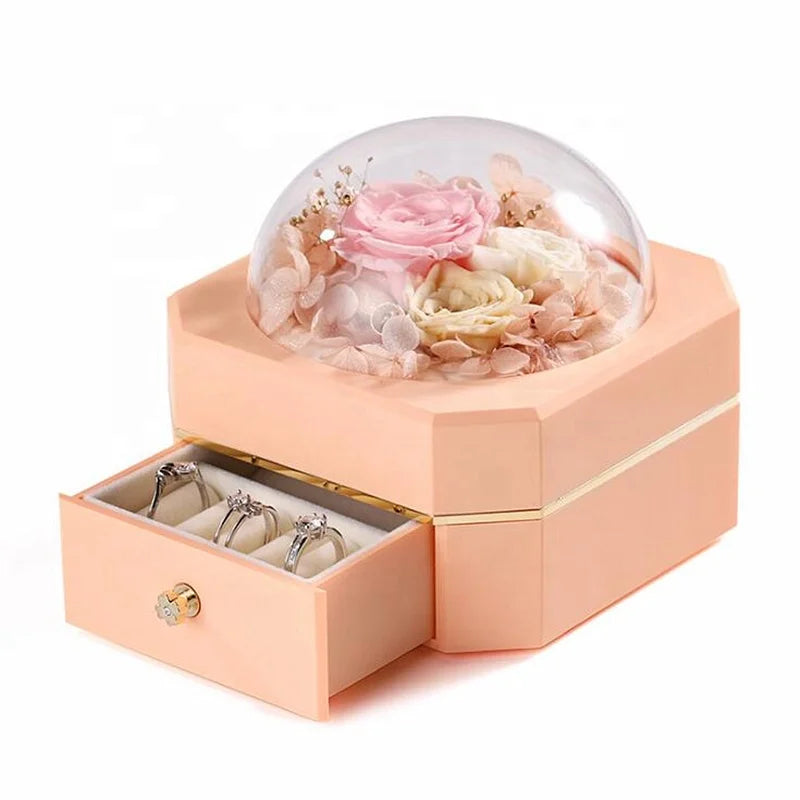 Luxury Drawer Style Immortal Flower Jewelry Gift Box Valentines Day Packaging Gift Box Preserved Fresh Flower Jewelry Box