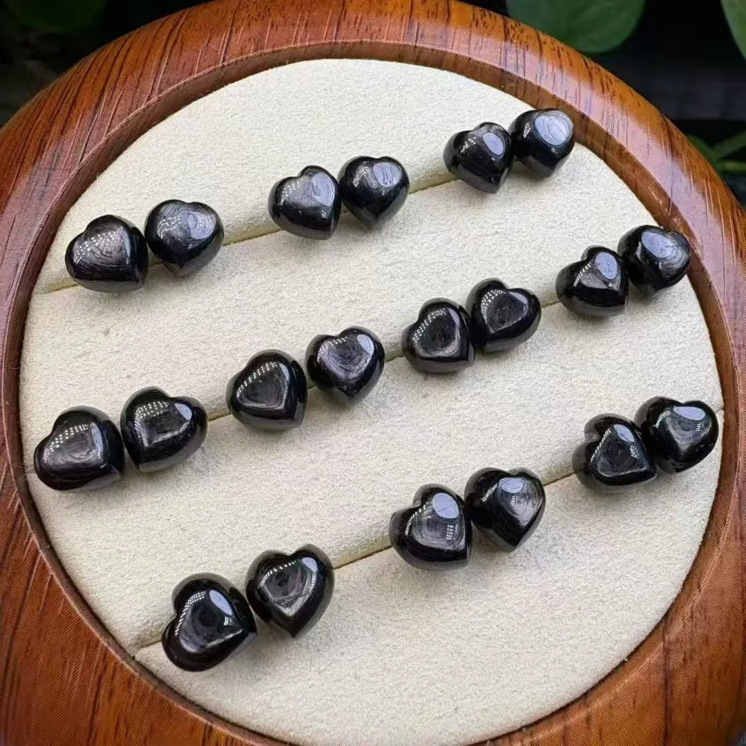 Healing Crystal Natural Hypersthene Heart 925 Silver Stud Earrings for Maintain Emotional Balance and Purify Negative Energy