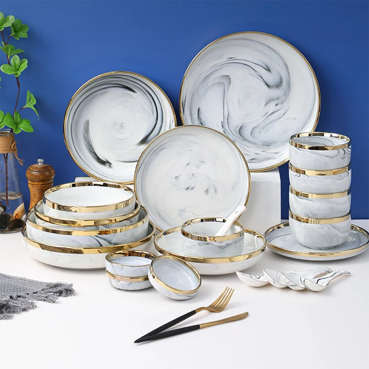 Home Premium Grey Marble Ceramic Dishes Plates Dinnerware Set Plates Sets Dinnerware