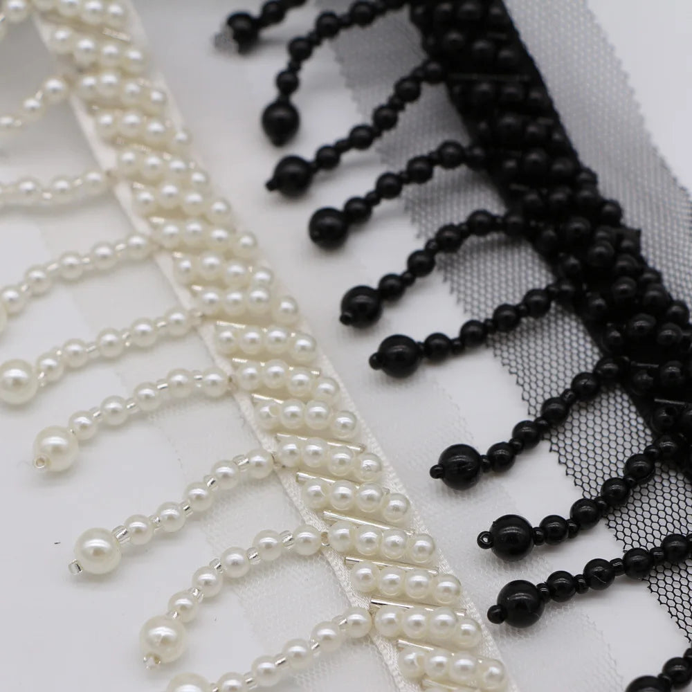 Black/White Heavy Handmade Pearl Lace Dress Beaded Tassel Fringe