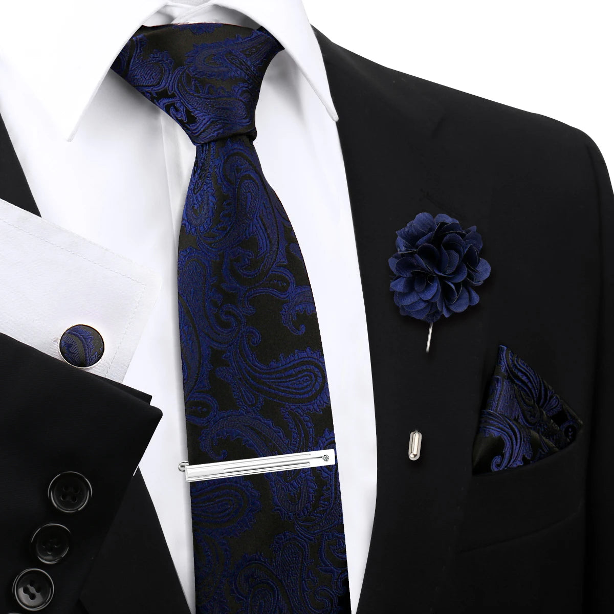 High Quality Fashion Men's Ties Set Polyester Jacquard Tie Clip Pocket Square Cufflinks Brooch for Gifts